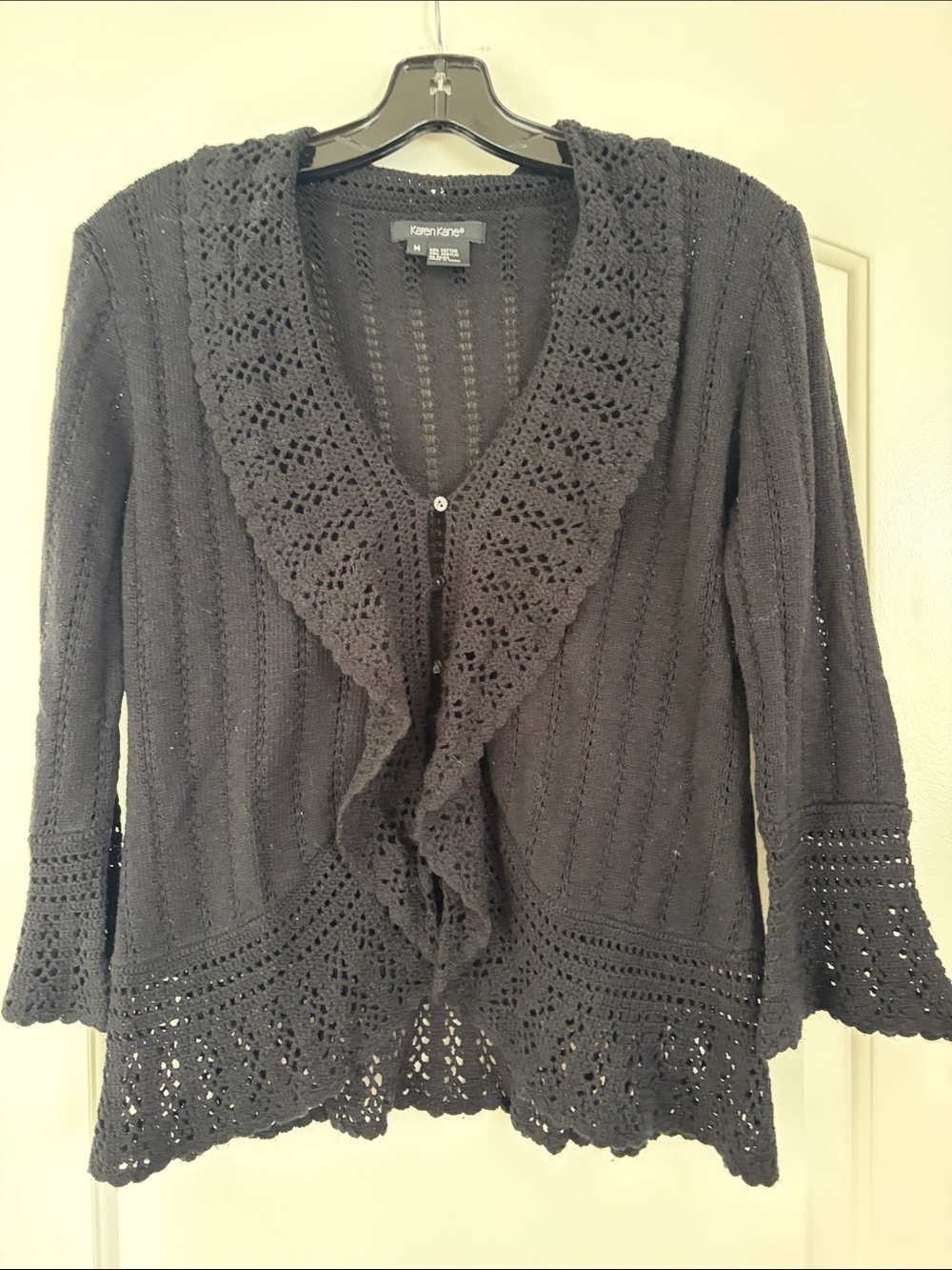 Karen Kane Black Crochet-Trim Open Front Cardigan